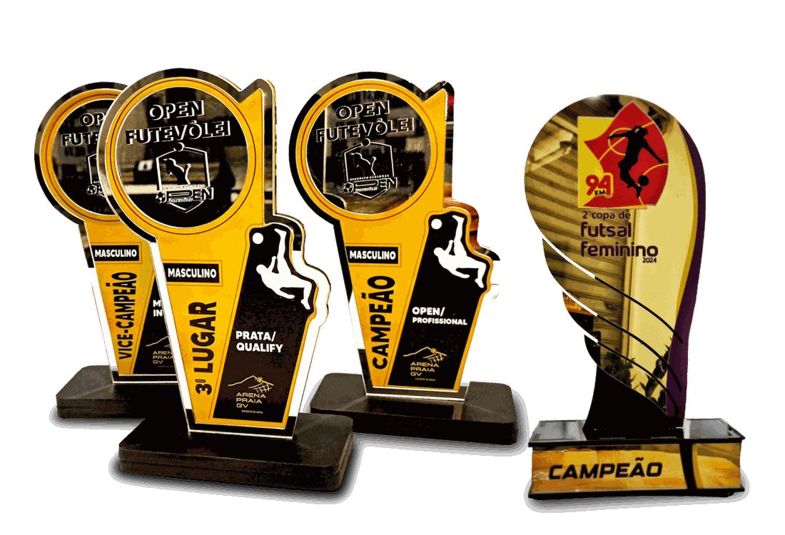 Troféus personalizados produzidos pela ALTI